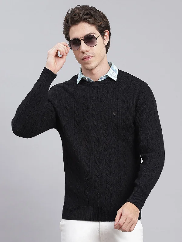 Men Black Self Design Wool blend Pullover