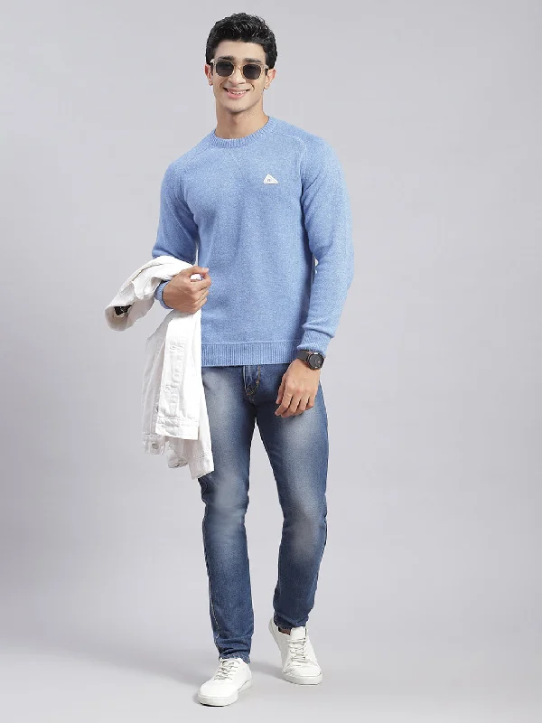 Men Blue Solid Round Neck Sweater