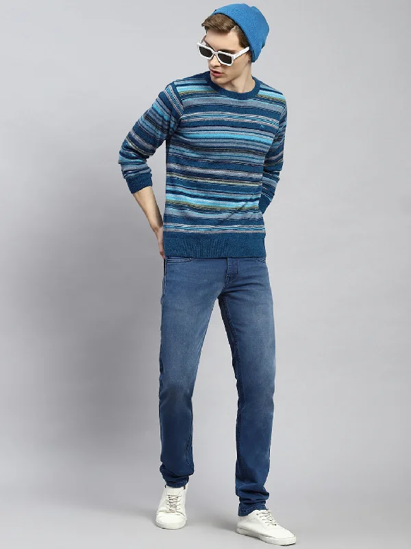 Men Blue Stripe Pullover