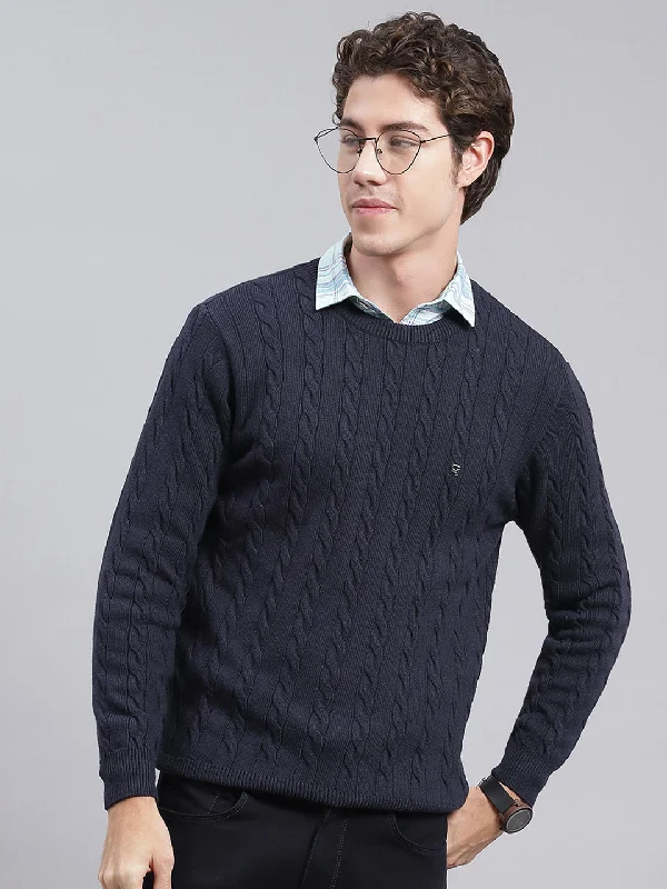 Men Navy Blue Self Design Wool blend Pullover