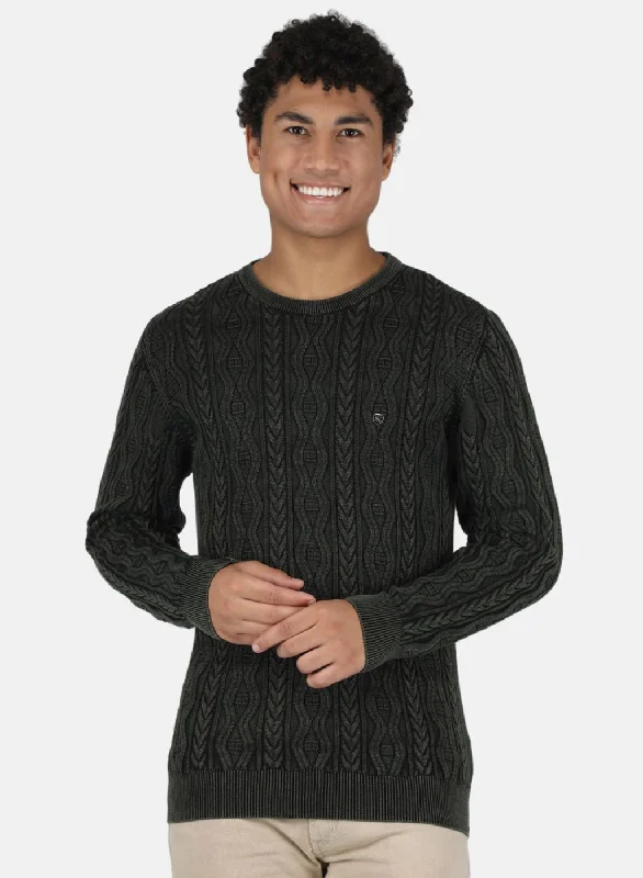 Men Green Self Design Pullover
