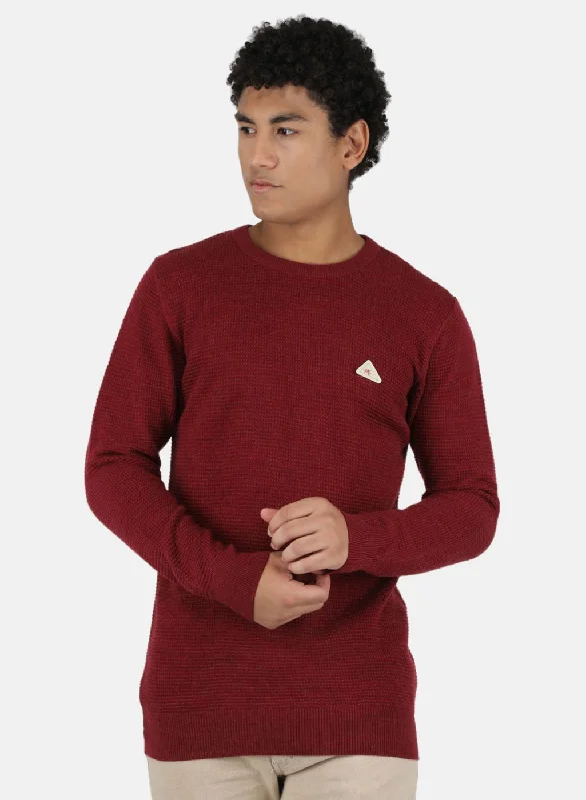 Men Maroon Self Design Pullover
