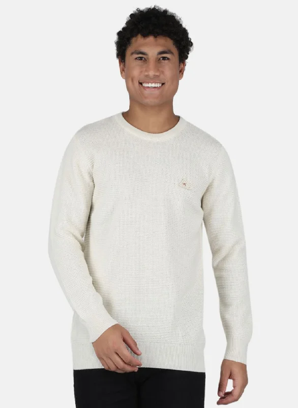 Men Off White Self Design Pullover