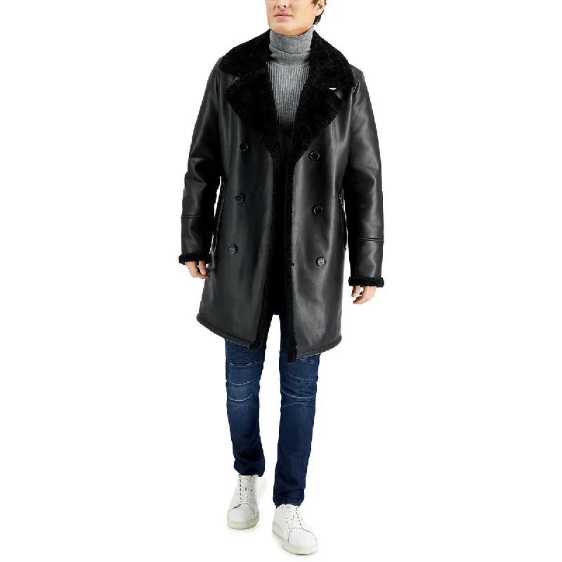 Guess Mens Faux Leather Faux Fur Long Coat