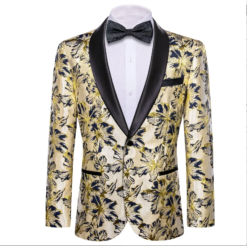 Black Gold Floral Suit Jacket Slim One Button Stylish Blazer-XX-0033
