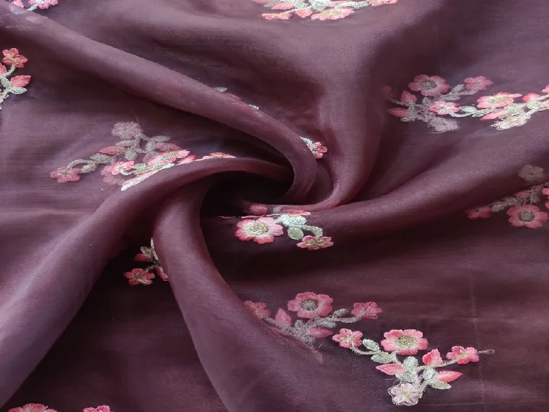 Brown Sequins Flowers Embroidered Organza Fabric