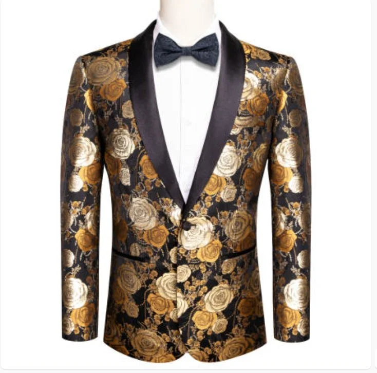 Simon Von Men's Floral Gold White Paisley Jacquard Blazer Elegant Banquet Wedding Jacket-XX-1001