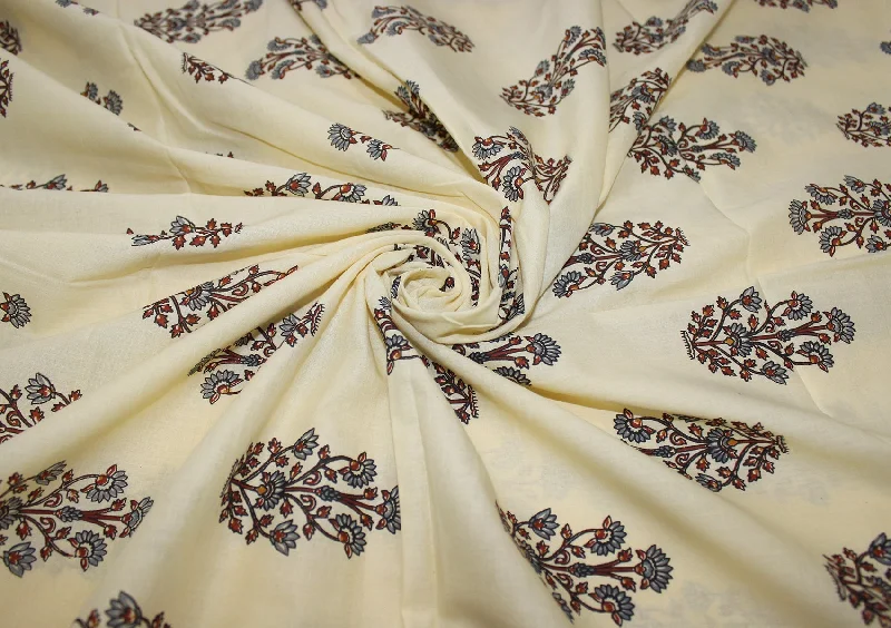Cream Floral Hand Block Printed Pure Cotton Fabric