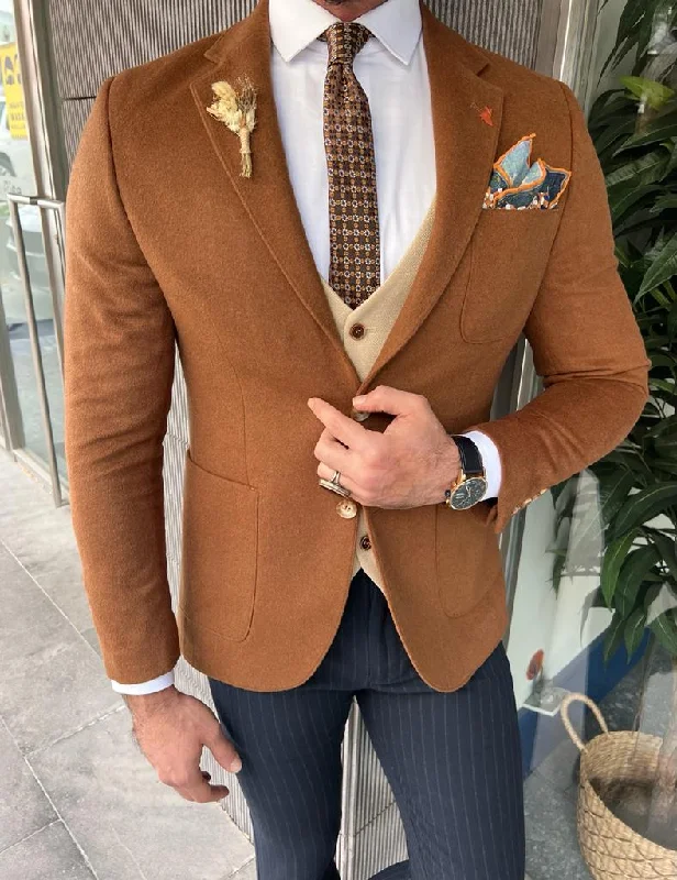 Enzo Brown Slim Fit Notch Lapel Wool Blazer