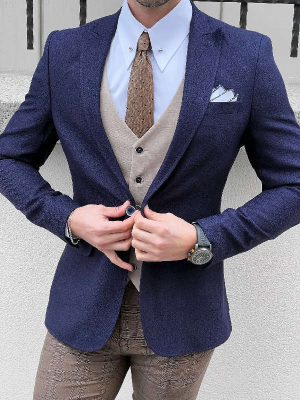 Eros Navy Blue Slim Fit Peak Lapel Wool Blazer