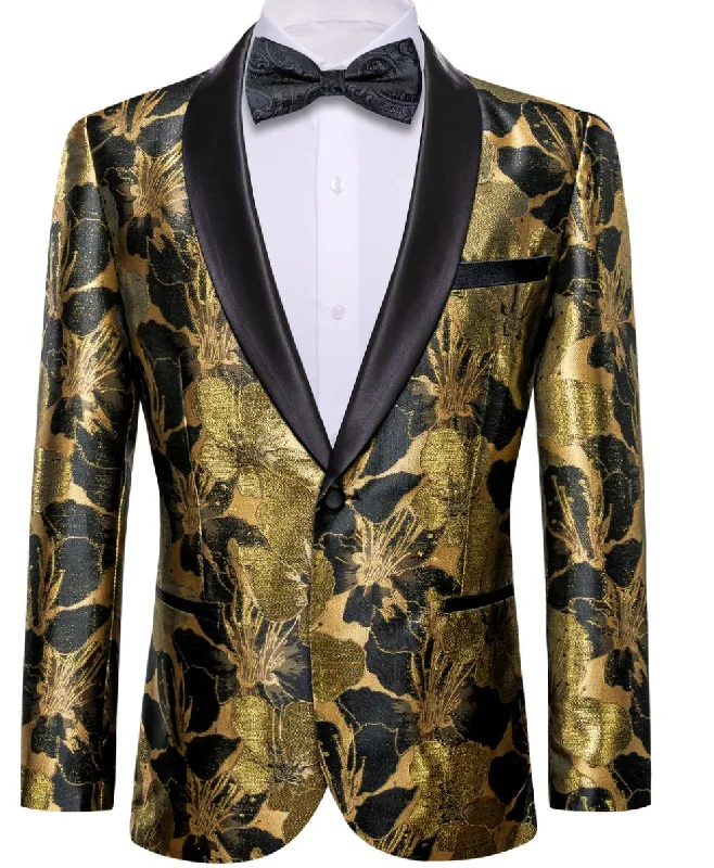 Men's Dress Party Gold Black Floral Suit Jacket Slim One Button Stylish Blazer-XX-0035