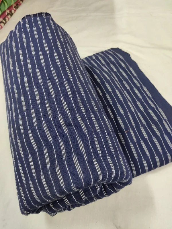 Navy Blue Off White stripes Handloom Pure Cotton Ikat Washed Fabric