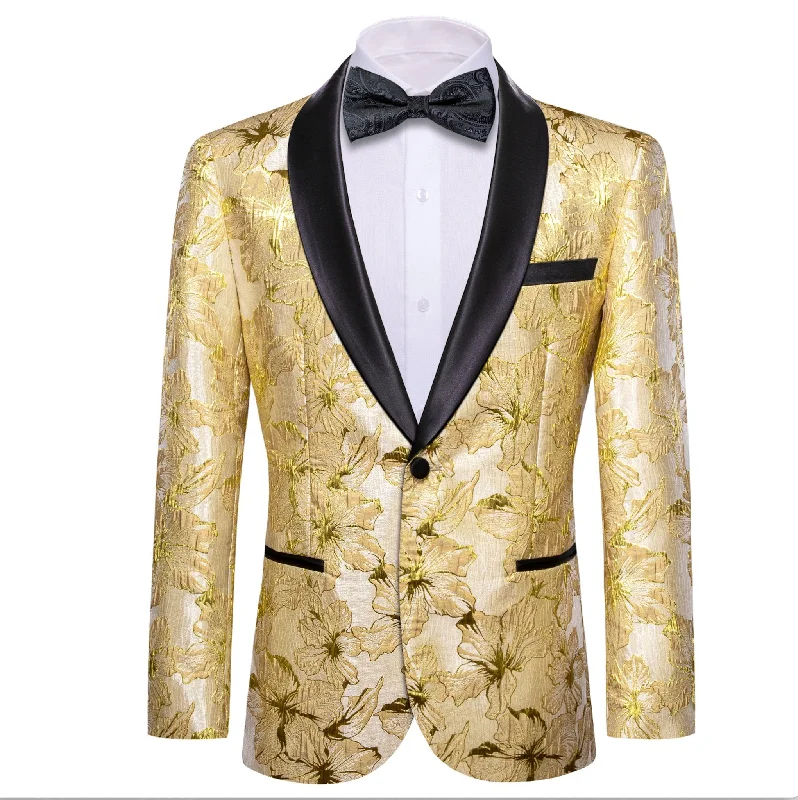 Gold Yellow Floral Suit Jacket Slim One Button Stylish Blazer-XX-0032