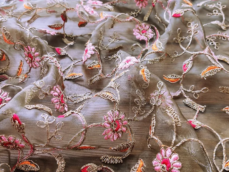Olive Green Glitter Dori Multicolour Threadwork Organza Fabric