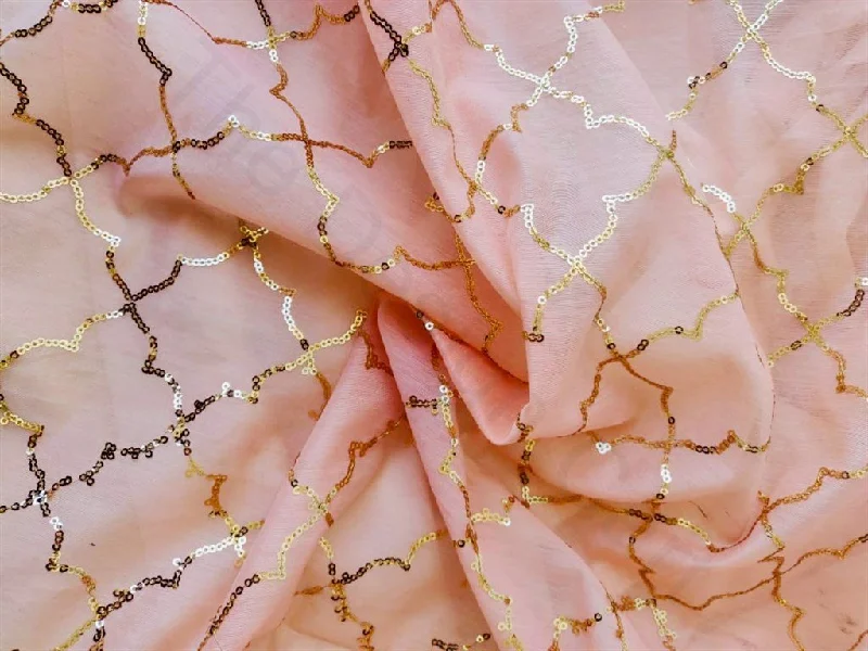 Peach Geometric Design Chanderi Silk Fabric