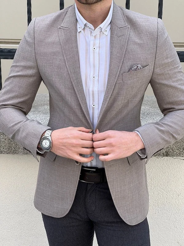 Rockford Beige Slim Fit Peak Lapel Crosshatch Linen Blazer