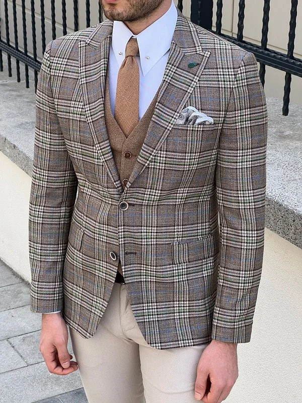 Rockford Beige Slim Fit Peak Lapel Plaid Check Wool Blazer