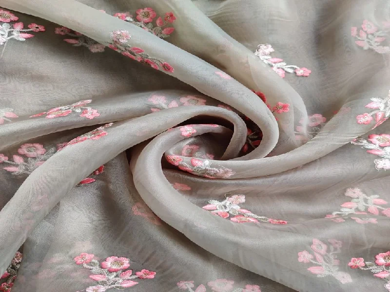 Sage Green Sequins Flowers Embroidered Organza Fabric