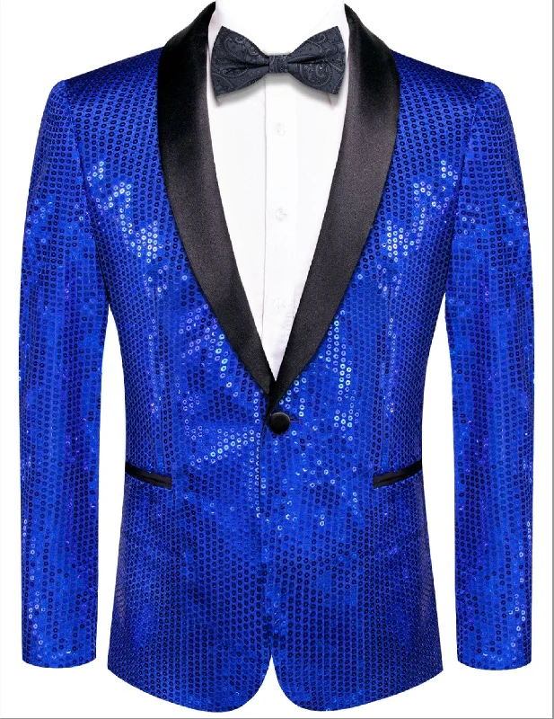 Sequin Blue Solid Jacket with Black Shawl Collar  - XX-1079