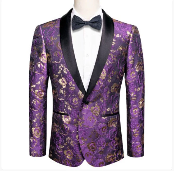 Simon Von Men's  Purple Gold Paisley Jacquard Blazer Elegant Banquet Wedding Jacket-XX-1010