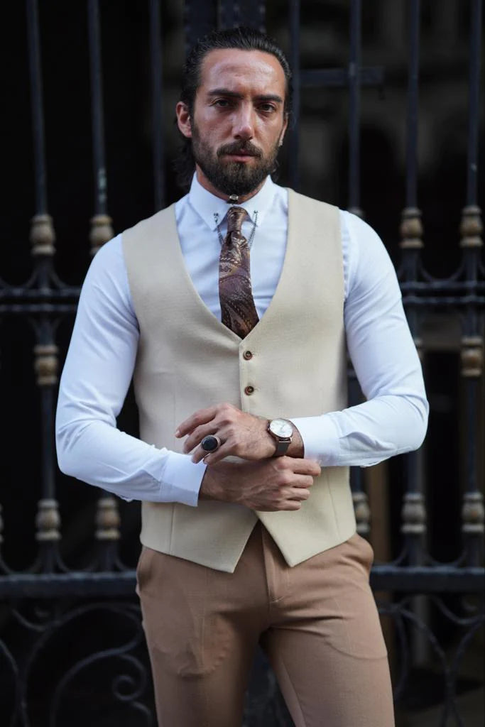 Stefano Slim Fit Beige Plaid Vest