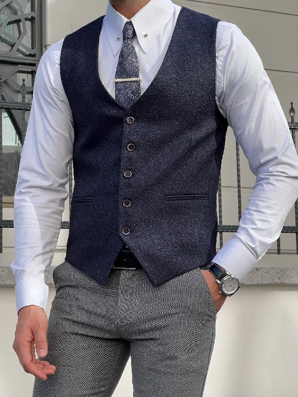 Stefano Slim Fit Navy Blue Woolen Vest