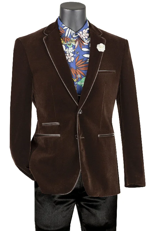 Velourfy Collection: Brown Velvet with Faux Leather Trim Single Breasted Slim Fit Blazer Velourfy Collection: Brown Velvet with Faux Leather Trim Single Breasted Slim Fit Blazer