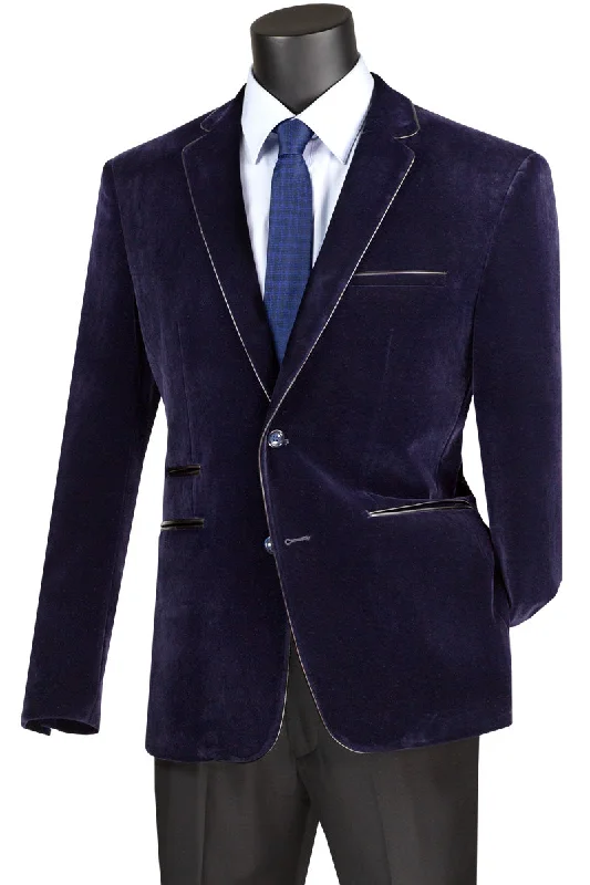 Velourfy Collection: Navy Velvet with Faux Leather Trim Single Breasted Slim Fit Blazer Velourfy Collection: Navy Velvet with Faux Leather Trim Single Breasted Slim Fit Blazer