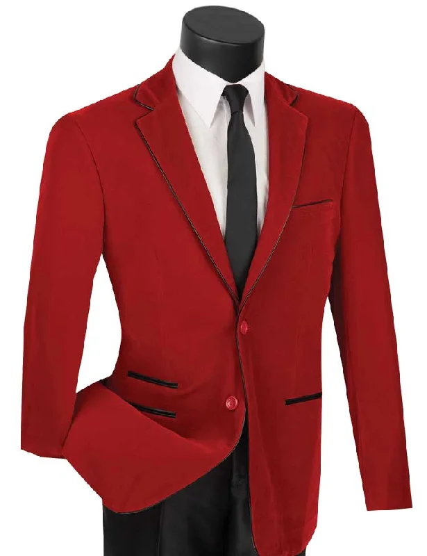 Velourfy Collection: Red Velvet with Faux Leather Trim Single Breasted Slim Fit Blazer Velourfy Collection: Red Velvet with Faux Leather Trim Single Breasted Slim Fit Blazer