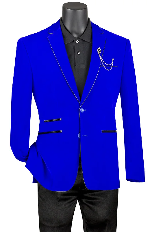 Velourfy Collection: Royal Velvet with Faux Leather Trim Single Breasted Slim Fit Blazer Velourfy Collection: Royal Velvet with Faux Leather Trim Single Breasted Slim Fit Blazer