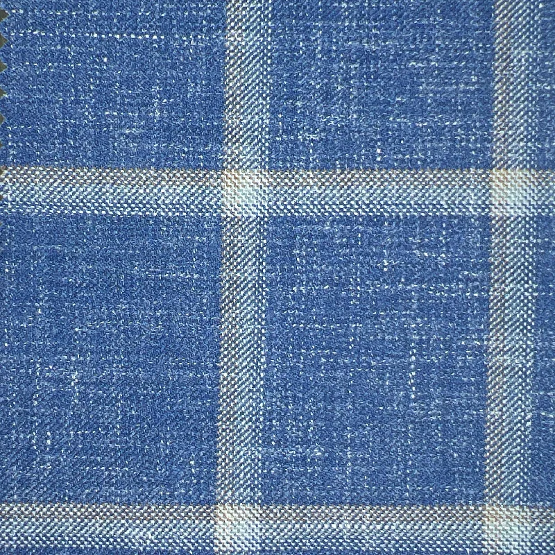 Westwood Hart Denim Blue with Tan and Sky Blue Windowpane Wool Linen Silk Blend Men's Sportcoat