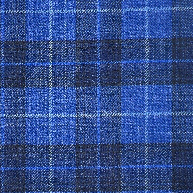 Westwood Hart Medium Blue with Grey Black Watch Plaid Wool Linen Silk Blend Men's Sportcoat